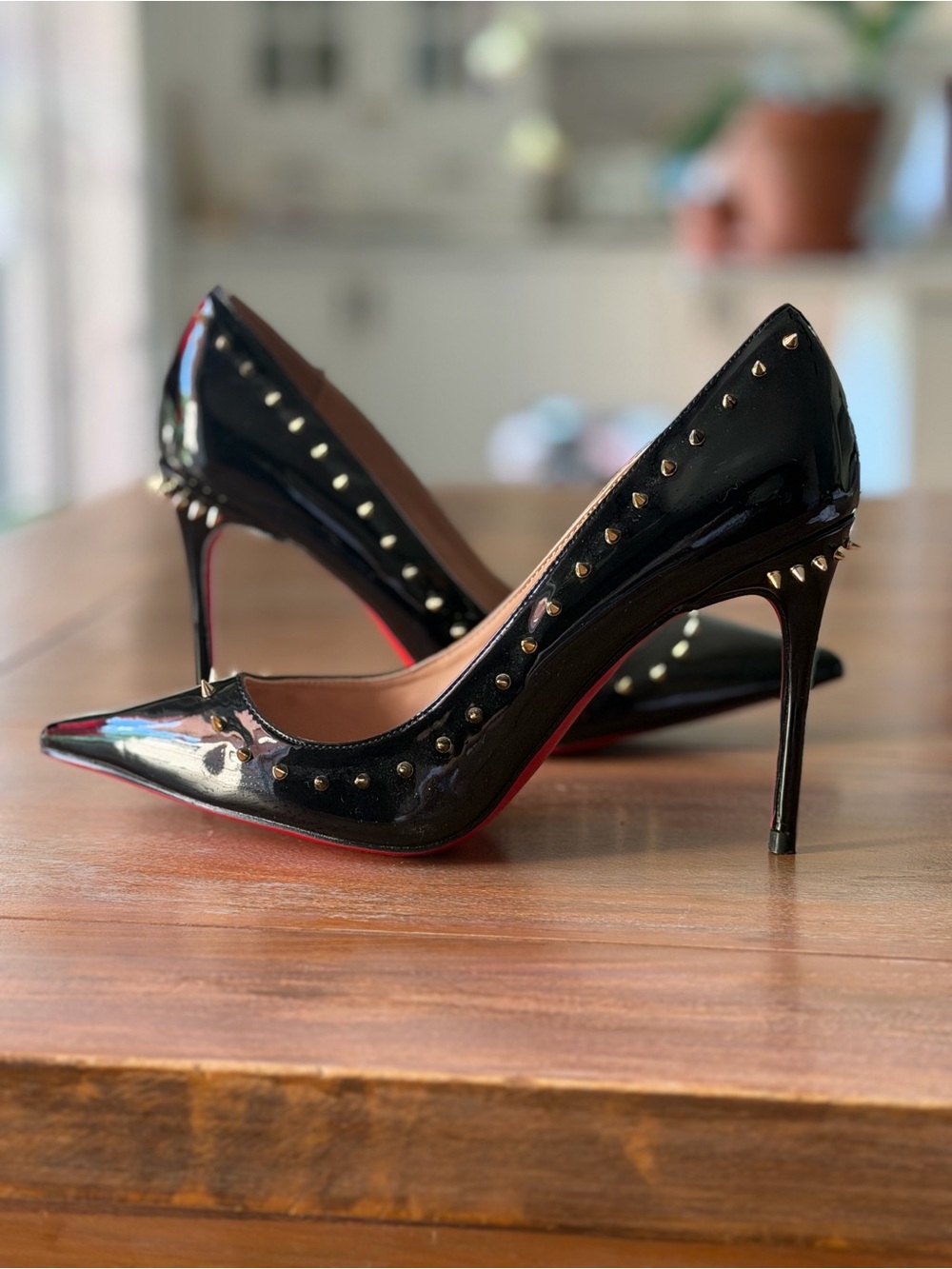 Black Studded Patent Leather Pointed-Toe Pumps - Brand: